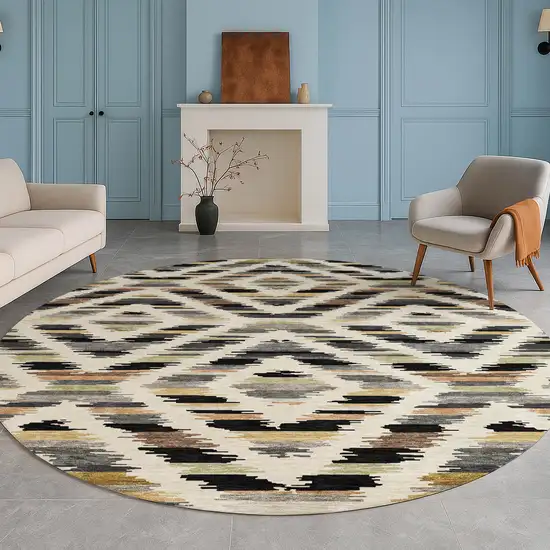 8' Black And Ivory Round Tribal Washable Indoor Outdoor Area Rug Photo 5
