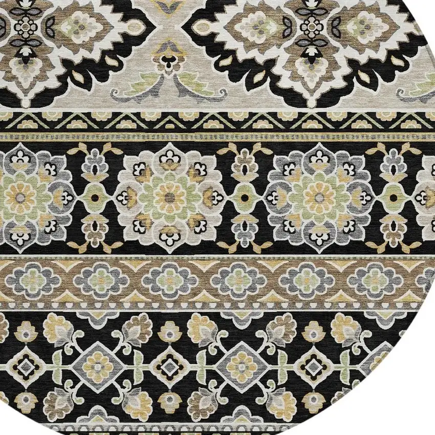 8' Black And Ivory Round Tribal Washable Indoor Outdoor Area Rug Photo 5