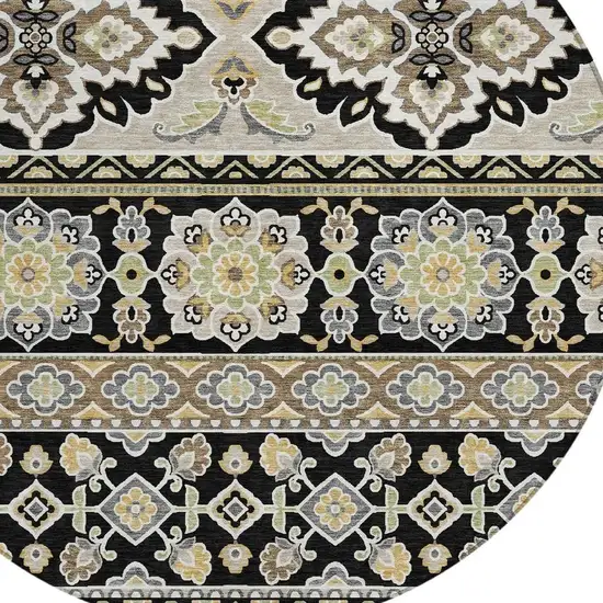 8' Black And Ivory Round Tribal Washable Indoor Outdoor Area Rug Photo 5