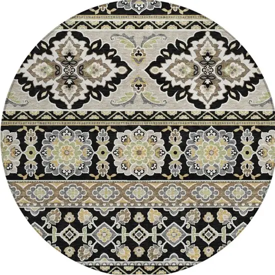 8' Black And Ivory Round Tribal Washable Indoor Outdoor Area Rug Photo 6