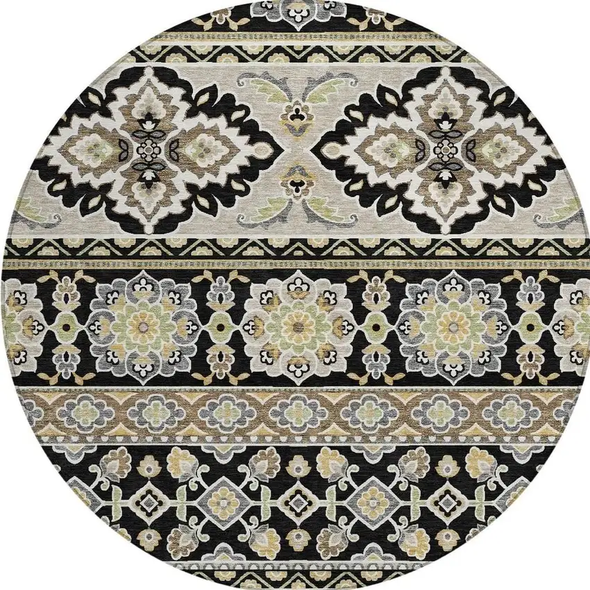 8' Black And Ivory Round Tribal Washable Indoor Outdoor Area Rug Photo 6