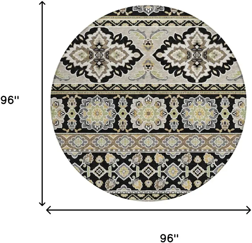 8' Black And Ivory Round Tribal Washable Indoor Outdoor Area Rug Photo 9
