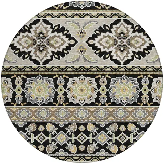 8' Black And Ivory Round Tribal Washable Indoor Outdoor Area Rug Photo 2