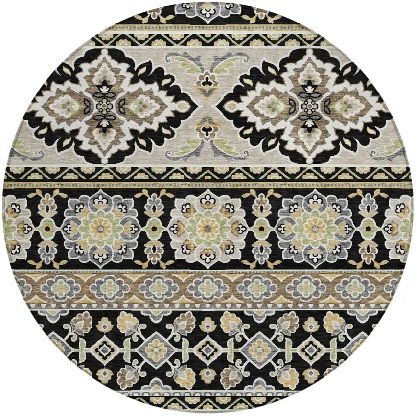 8' Black And Ivory Round Tribal Washable Indoor Outdoor Area Rug Photo 2