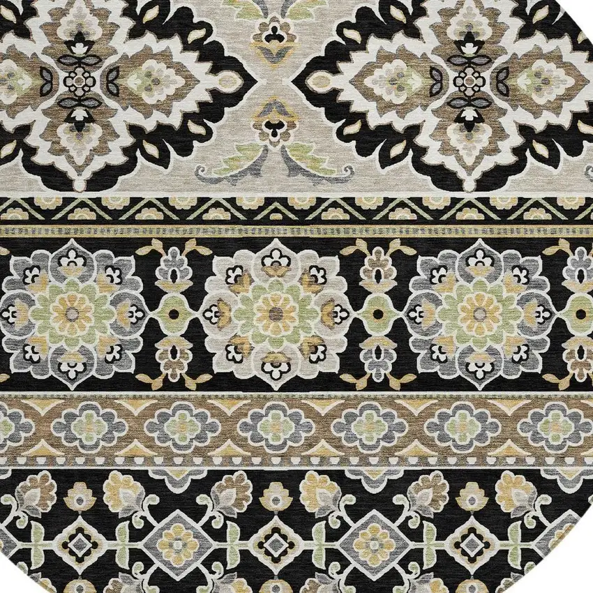 8' Black And Ivory Round Tribal Washable Indoor Outdoor Area Rug Photo 3