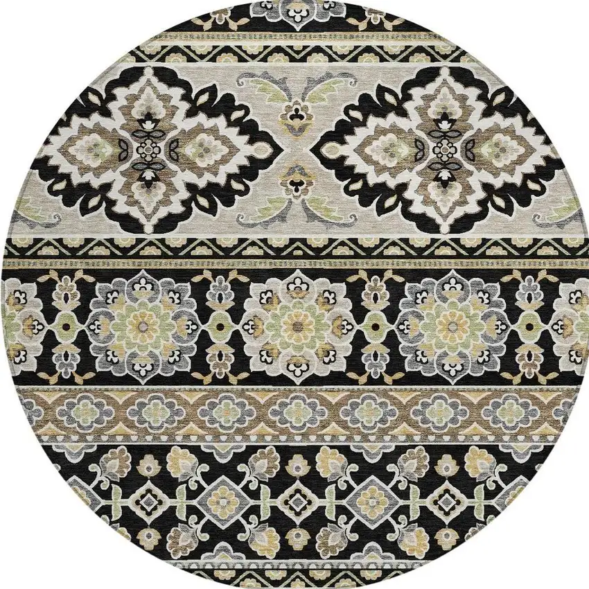 8' Black And Ivory Round Tribal Washable Indoor Outdoor Area Rug Photo 4