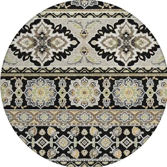 8' Black And Ivory Round Tribal Washable Indoor Outdoor Area Rug Photo 4