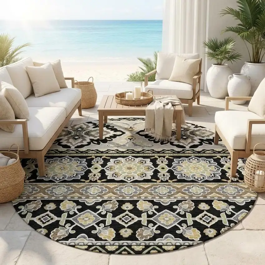 8' Black And Ivory Round Tribal Washable Indoor Outdoor Area Rug Photo 1