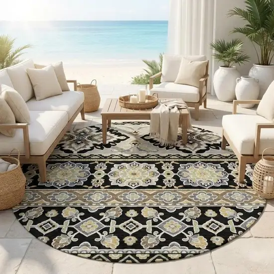 8' Black And Ivory Round Tribal Washable Indoor Outdoor Area Rug Photo 1