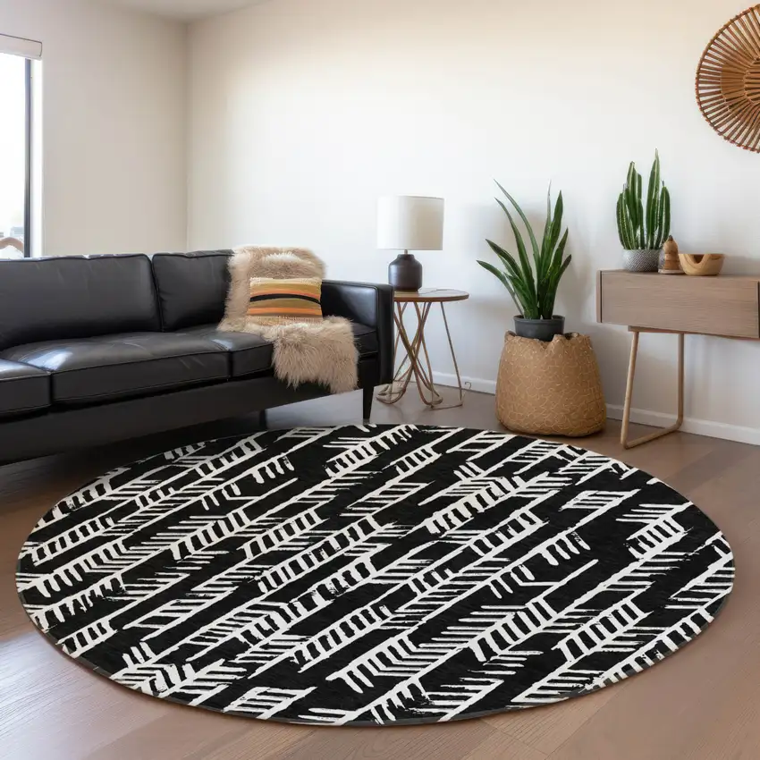 8' Black And Ivory Round Tribal Washable Indoor Outdoor Area Rug Photo 7