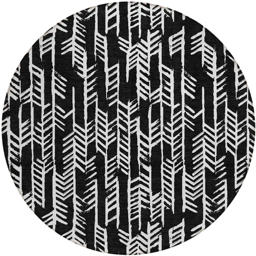 8' Black And Ivory Round Tribal Washable Indoor Outdoor Area Rug Photo 2