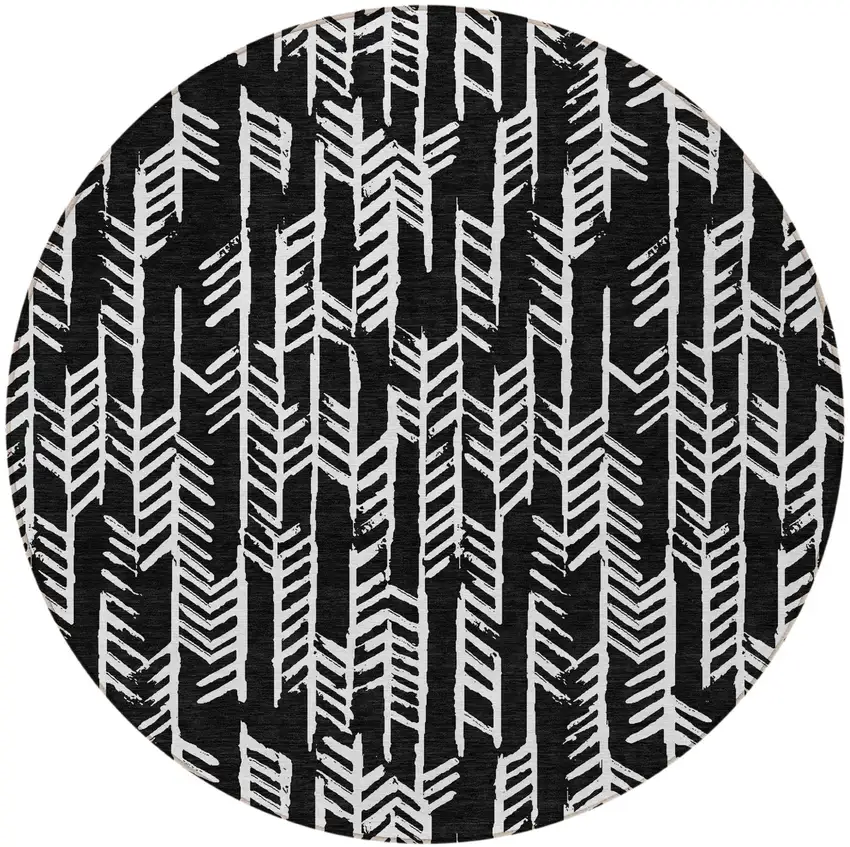 8' Black And Ivory Round Tribal Washable Indoor Outdoor Area Rug Photo 5