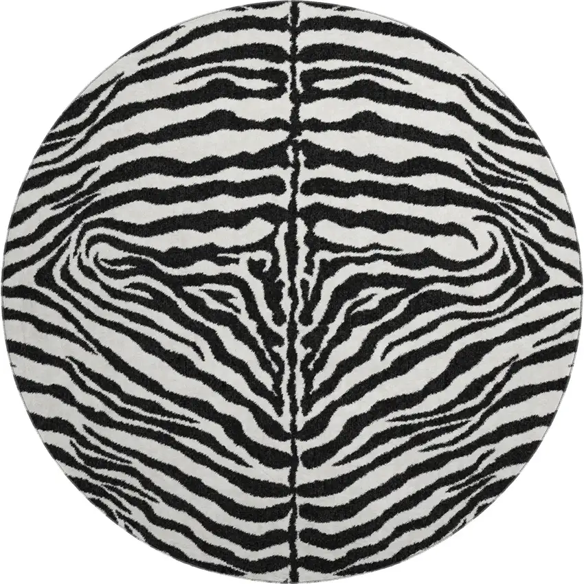8' Black And Ivory Round Zebra Print Washable Indoor Outdoor Area Rug Photo 2