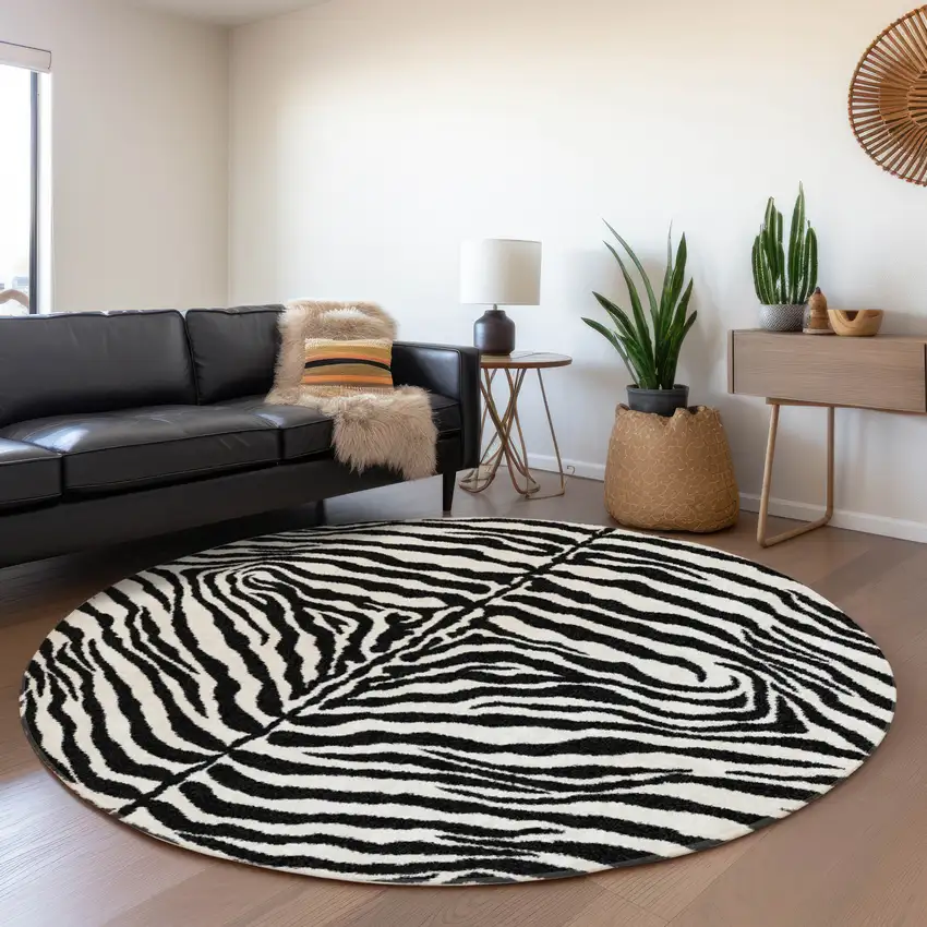8' Black And Ivory Round Zebra Print Washable Indoor Outdoor Area Rug Photo 6
