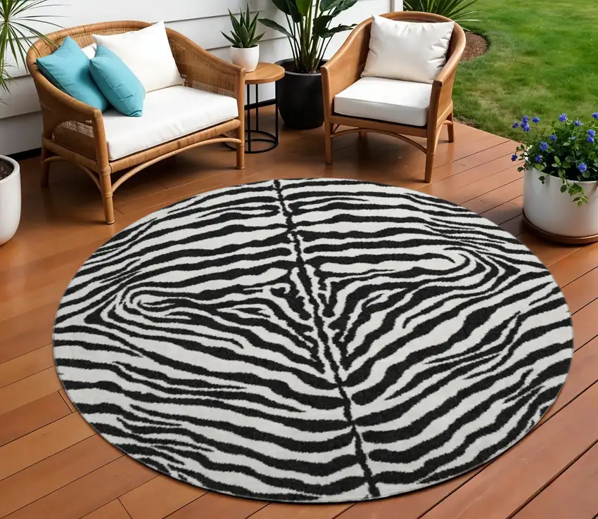 8' Black And Ivory Round Zebra Print Washable Indoor Outdoor Area Rug Photo 1