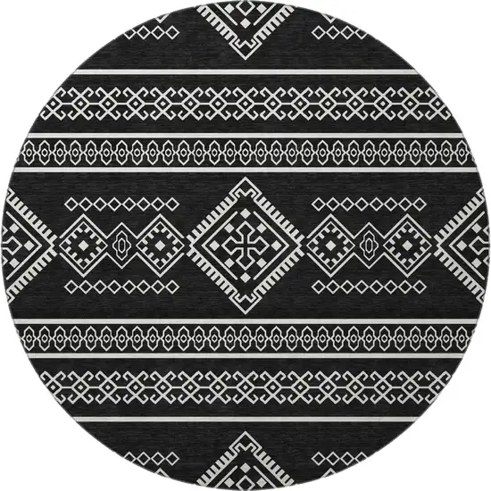 8' Black And Ivory Southwestern Washable Round Rug With UV Protection Photo 4
