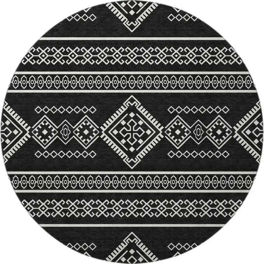 8' Black And Ivory Southwestern Washable Round Rug With UV Protection Photo 4