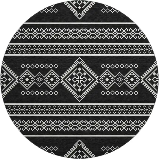 8' Black And Ivory Southwestern Washable Round Rug With UV Protection Photo 1