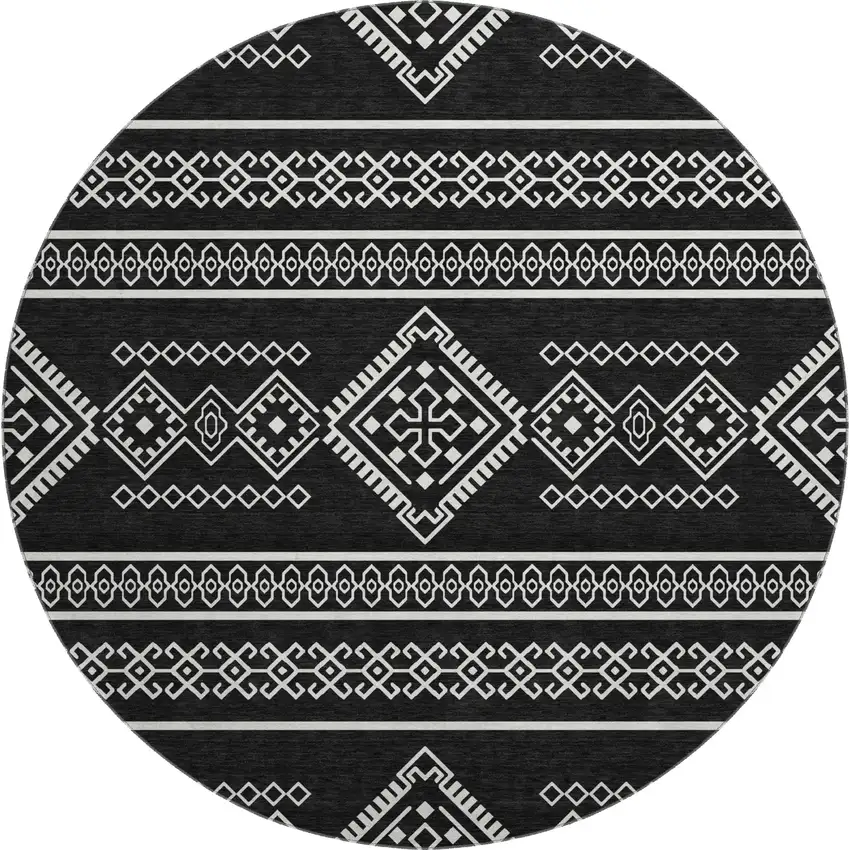8' Black And Ivory Southwestern Washable Round Rug With UV Protection Photo 1