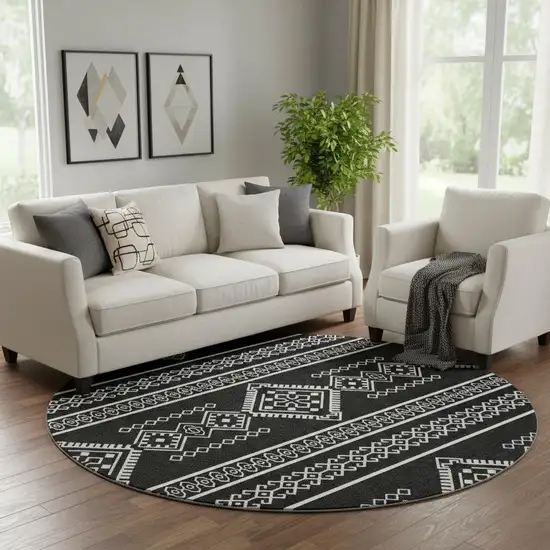 8' Black And Ivory Southwestern Washable Round Rug With UV Protection Photo 1