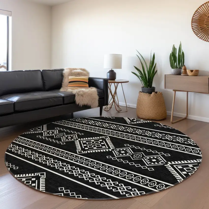 8' Black And Ivory Southwestern Washable Round Rug With UV Protection Photo 5