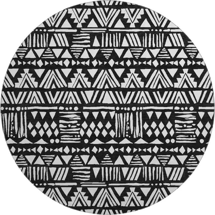 8' Black And Ivory Southwestern Washable Round Rug With UV Protection Photo 1