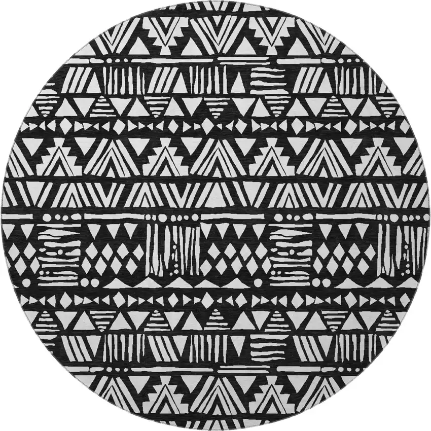 8' Black And Ivory Southwestern Washable Round Rug With UV Protection Photo 4