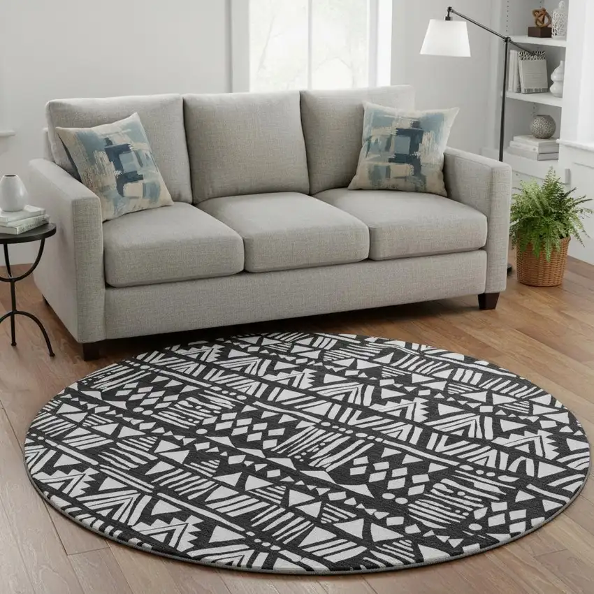 8' Black And Ivory Southwestern Washable Round Rug With UV Protection Photo 2