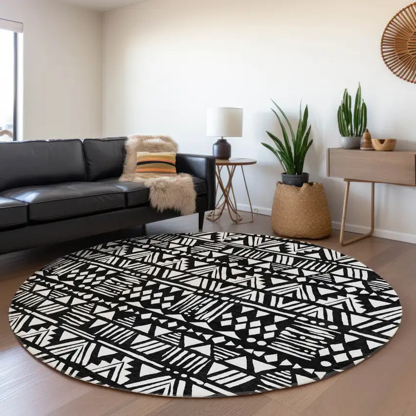 8' Black And Ivory Southwestern Washable Round Rug With UV Protection Photo 5