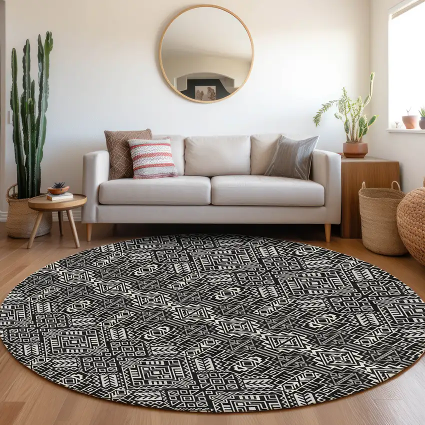 8' Black And Ivory Southwestern Washable Round Rug With UV Protection Photo 4