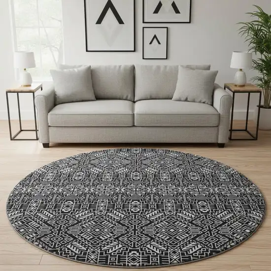8' Black And Ivory Southwestern Washable Round Rug With UV Protection Photo 2