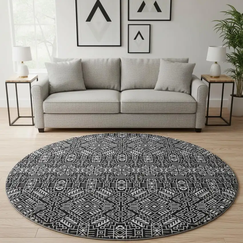 8' Black And Ivory Southwestern Washable Round Rug With UV Protection Photo 2