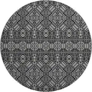 Photo of 8' Black And Ivory Southwestern Washable Round Rug With UV Protection