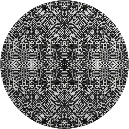 8' Black And Ivory Southwestern Washable Round Rug With UV Protection Photo 1