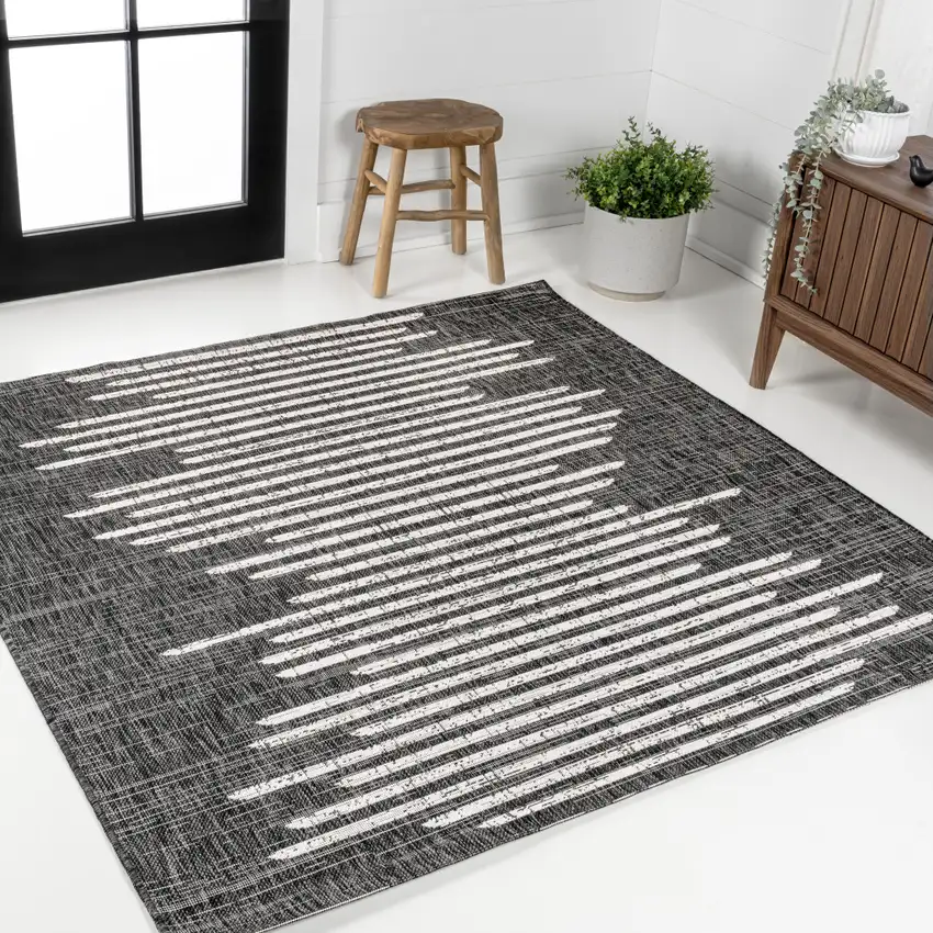 6' Black And Ivory Square Striped Indoor Outdoor Area Rug Photo 2
