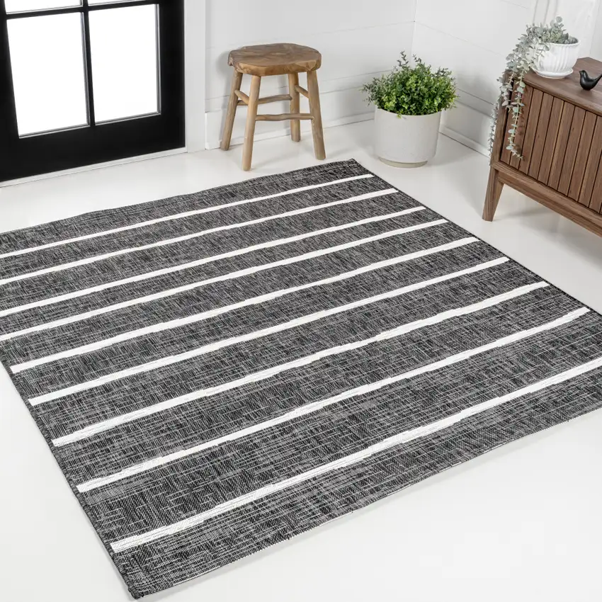 4' Black And Ivory Square Striped Indoor Outdoor Area Rug Photo 2