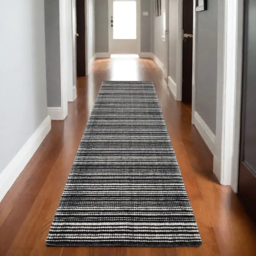 8' Black And Ivory Striped Hand Tufted Runner Rug Photo 1