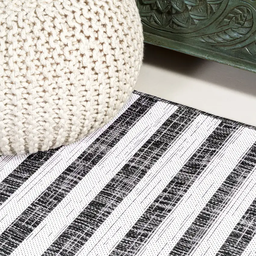 10' Black And Ivory Striped Indoor Outdoor Runner Rug Photo 9