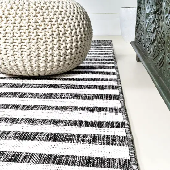 10' Black And Ivory Striped Indoor Outdoor Runner Rug Photo 7