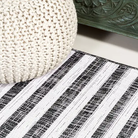 8' Black And Ivory Striped Indoor Outdoor Runner Rug Photo 9