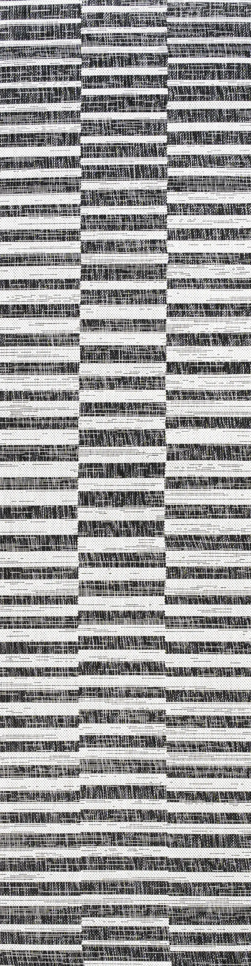 8' Black And Ivory Striped Indoor Outdoor Runner Rug Photo 2
