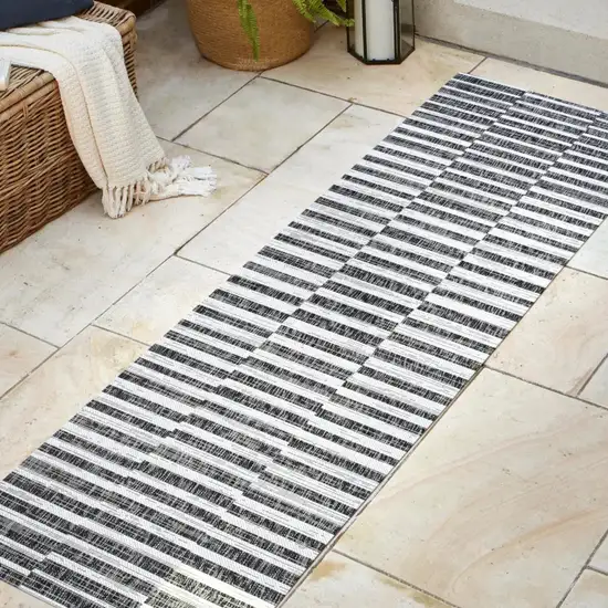 8' Black And Ivory Striped Indoor Outdoor Runner Rug Photo 5