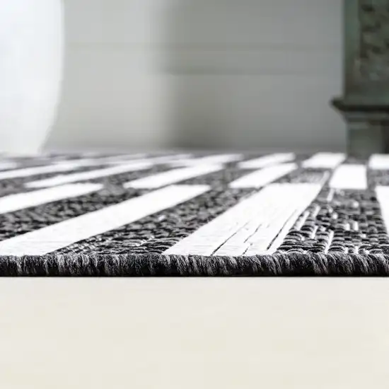 8' Black And Ivory Striped Indoor Outdoor Runner Rug Photo 9