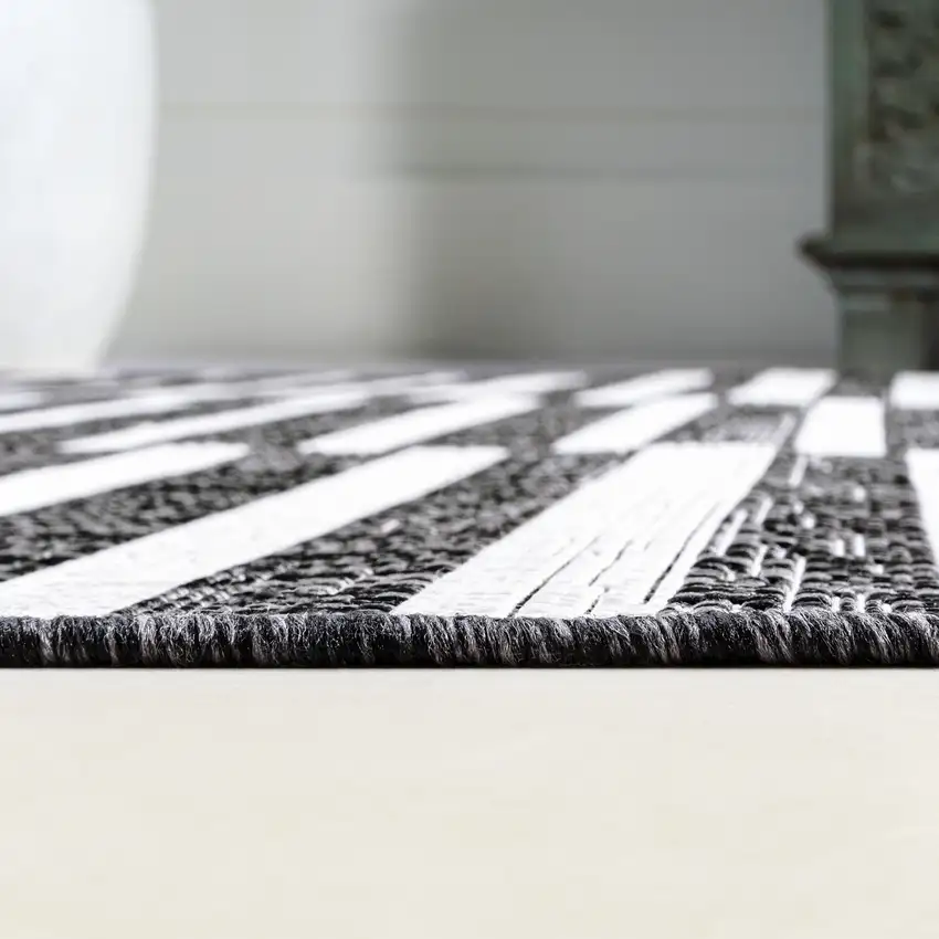8' Black And Ivory Striped Indoor Outdoor Runner Rug Photo 9