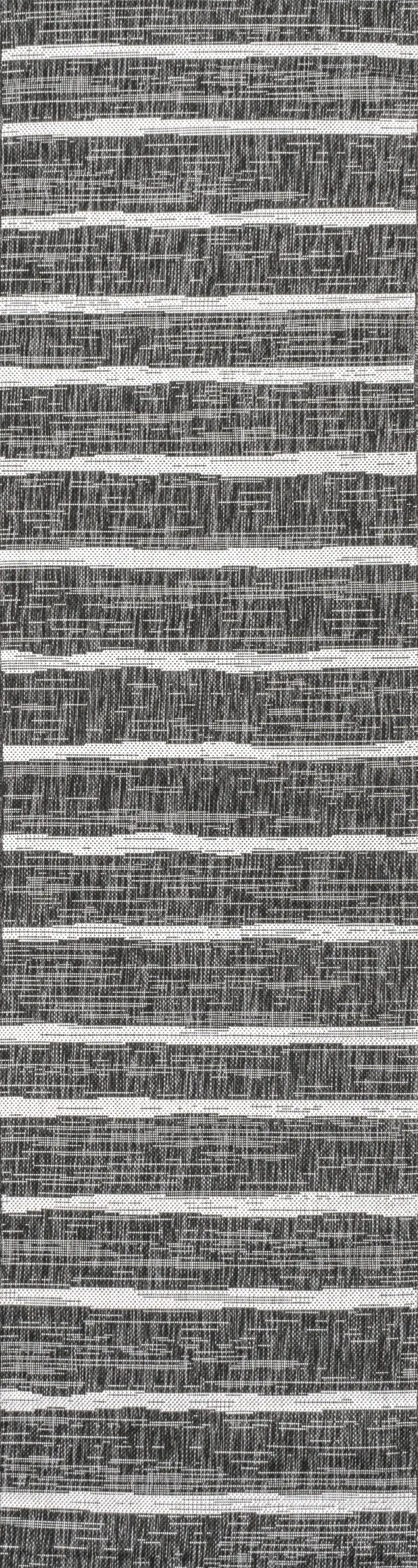 10' Black And Ivory Striped Indoor Outdoor Runner Rug Photo 4