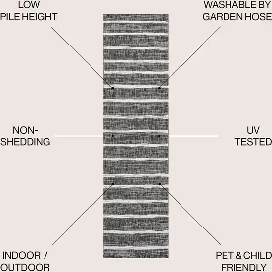 10' Black And Ivory Striped Indoor Outdoor Runner Rug Photo 3