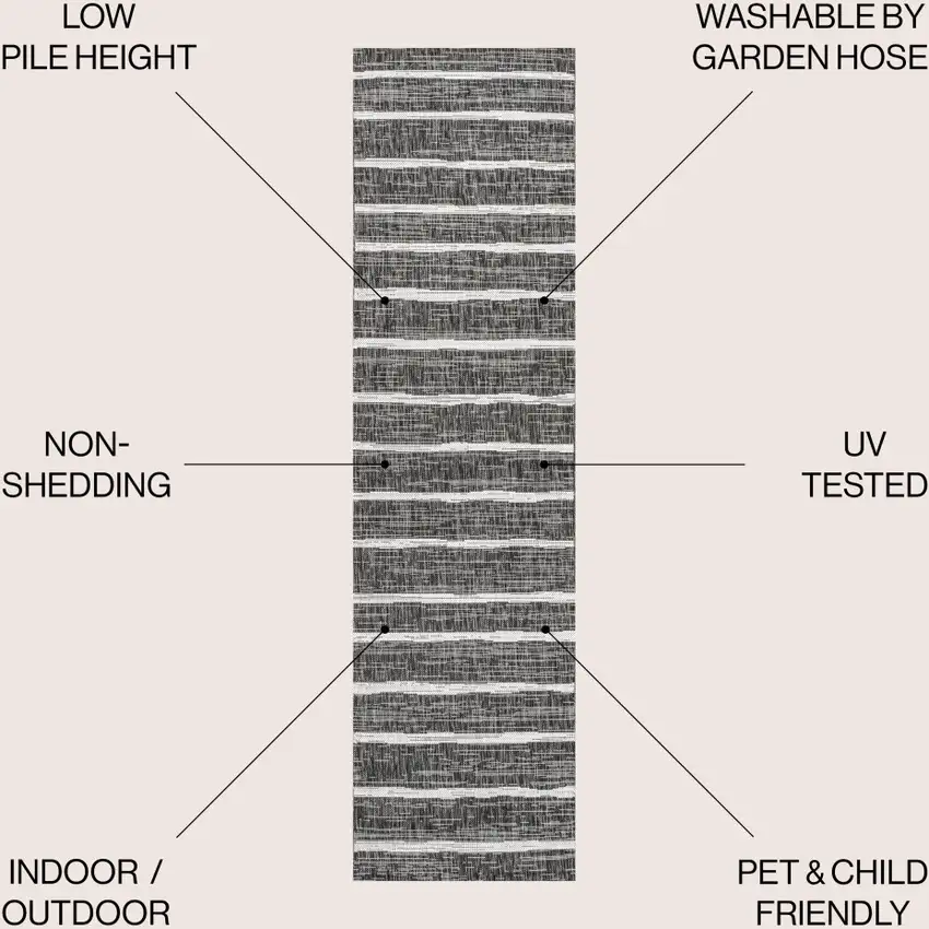 10' Black And Ivory Striped Indoor Outdoor Runner Rug Photo 3