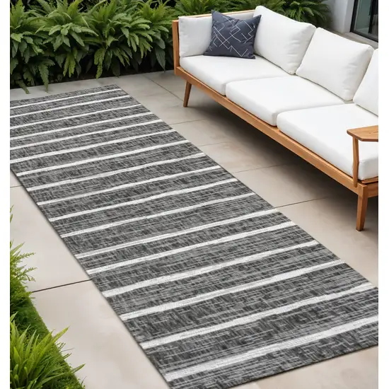 10' Black And Ivory Striped Indoor Outdoor Runner Rug Photo 1