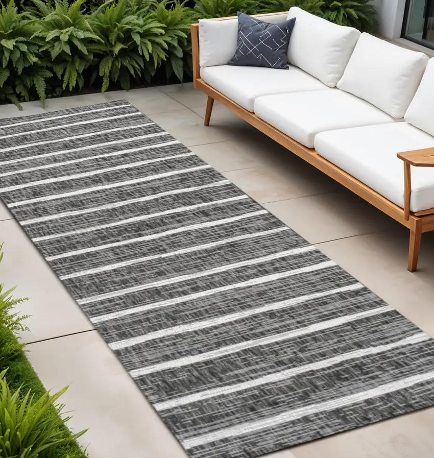 10' Black And Ivory Striped Indoor Outdoor Runner Rug Photo 1
