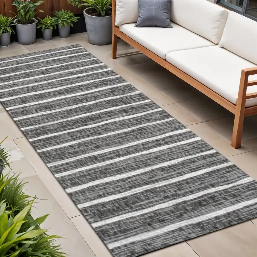 8' Black And Ivory Striped Indoor Outdoor Runner Rug Photo 1